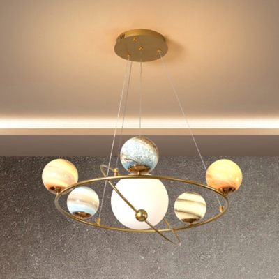 Frosted Glass Planet Chandelier Lamp Creative 4/6 Heads White Hanging Ceiling Light for Bedroom