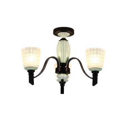 Frosted Grid Glass Cone Chandelier Light Rustic 3/6-Bulb Bedroom Pendant Lighting Fixture in Black with Swirl Arm