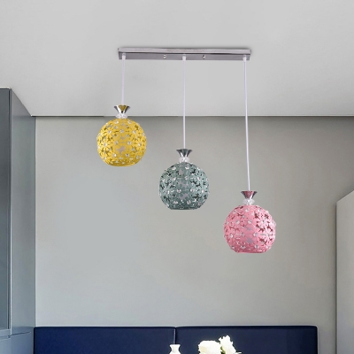 Global Crystal Suspension Light Modern 3 Heads Dining Room Cluster Pendant in Green-Yellow-Pink