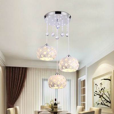 Globe Multi Light Pendant Simple Faceted Crystal 3-Bulb Dining Room Ceiling Suspension Lamp in White