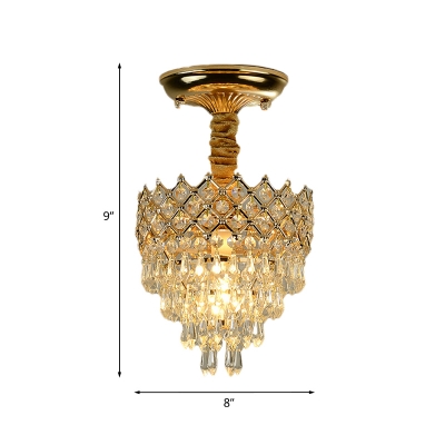 Gold Tapered Semi Flush Light Fixture Traditional Crystal 1 Head Corridor Flushmount Lamp