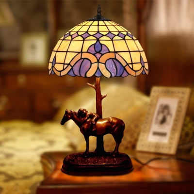 Hand Cut Glass Lattice Bowl Nightstand Light Tiffany 1 Head Coffee Night Lamp with Horse and Kid Deco