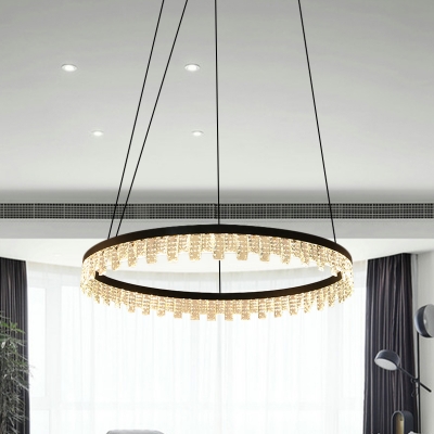Hoop Crystal Prism Chandelier Minimalist Bedroom LED Pendant Light Fixture in Black
