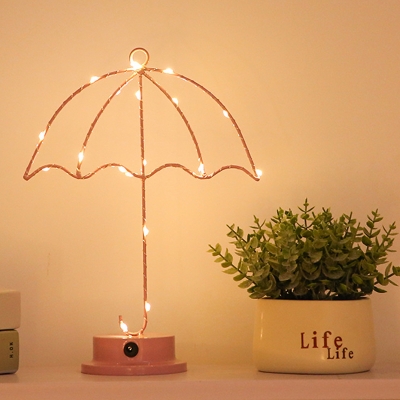 Iron Wire Umbrella Small Night Lamp Macaron Pink Battery Powered LED Table Light