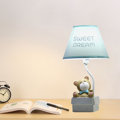 Kids Cone Fabric Desk Light 1 Bulb Night Table Lamp in Pink/Blue with Bear Decoration for Nursery