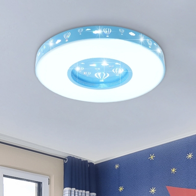 Kids LED Ceiling Flush Pink/Blue Carved Hot-Air Balloon Circular Flush Mounted Light with Acrylic Shade