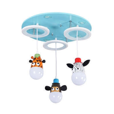 Loop Multi Light Pendant Cartoon Acrylic 3 Lights Blue LED Hanging Lamp Kit with Animals Deco