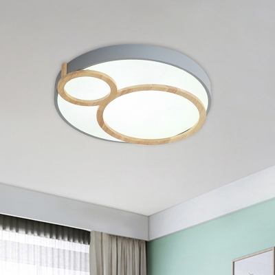 Macaron Circle Ceiling Mounted Fixture Acrylic LED Bedroom Flush Lighting in White/Green/Grey and Wood