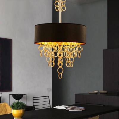 Mid Century Chain-Link Fringe Chandelier Metal 3 Bulbs Dining Table Pendant Light with Round Shade in Black and Gold