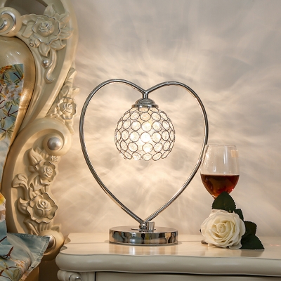 Modernism Globe Table Light 1-Bulb Crystal Nightstand Lighting in Silver with Heart Metal Arm