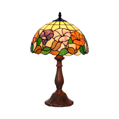 Morning Glory Night Table Lamp Stained Glass Mediterranean Desk Lighting in Bronze