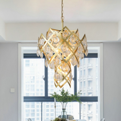 Multi Layered Crystal Chandelier Luxury 4-Light Living Room Pendant Ceiling Light in Gold