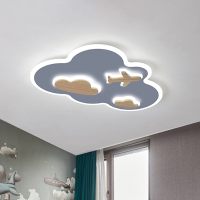 Nordic Cloud and Plane Flushmount Wooden LED Bedroom Ceiling Flush in Blue with Acrylic Shade