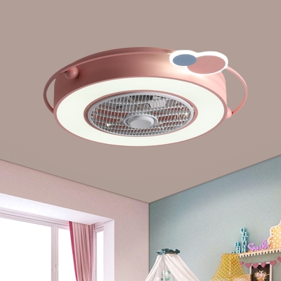 Nordic Drum Flush Lamp Iron LED Bedroom Semi Flush Mount Fan Light in Pink/Blue with Round/Cloud/Loving Heart Detail