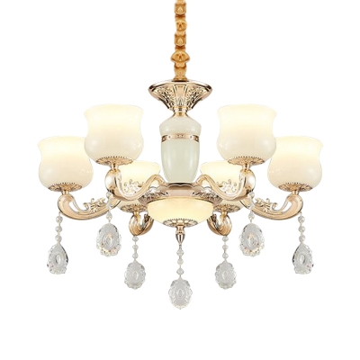 Opal Glass Curved Jar Shade Pendant Lamp Modern Style 6 Heads Bedroom Up Chandelier with Crystal Drape in Gold