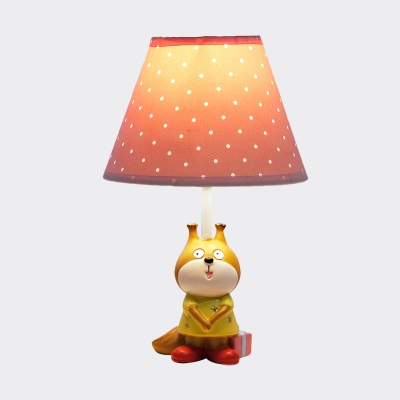 Painted Fox Table Lamp Cartoon Resin 1 Head Kids Bedside Night Stand Light with Red/Yellow Cone Fabric Shade