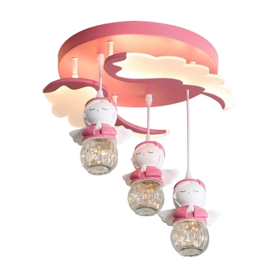 Pink Wing LED Ceiling Lamp Kids 3/4-Head Acrylic Semi Flush Mount Lighting with Dangling Angel