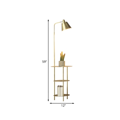 Post-Modern Cone Floor Standing Light Metal Single Sitting Room Adjustable Reading Floor Lamp with 3-Tier Rack in Gold