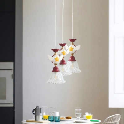 Red Globe/Bird Cluster Bell Pendant Cartoon 3-Light Craved Glass Hanging Light Fixture for Nursery
