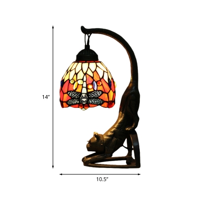 Red/Green Cut Glass Dragonfly Night Light Tiffany Single Bronze Finish Table Lighting with Cat Stretching Pedestal