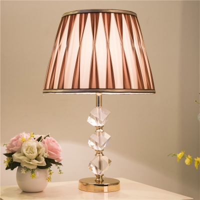 Brown Night Table Light Modern Fabric Conical Nightstand Lamp with Clear Crystal Accent