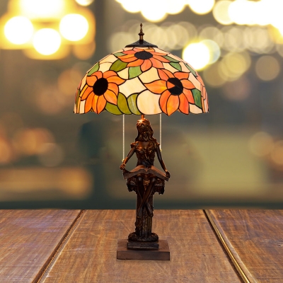 Red/Orange 2-Bulb Nightstand Lighting Victorian Stained Glass Sunflower/Floral Desk Lamp with Resin Reading Women Base