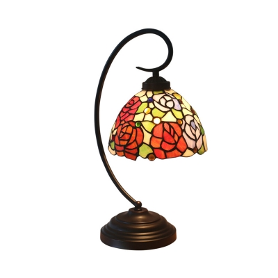 Red/Orange Domed Desk Lighting Mediterranean 1 Bulb Hand Cut Glass Swirl Arm Table Lamp with Rose Pattern