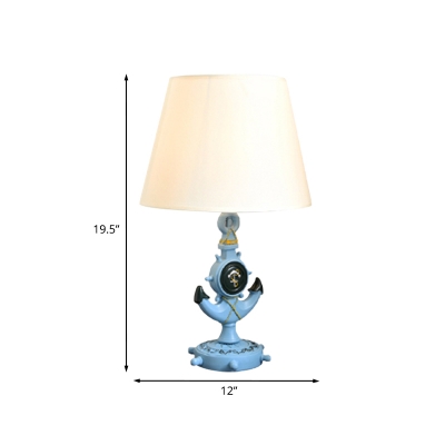 Resin Marine Anchor Table Light Mediterranean 1 Head Light-Blue Night Lamp with Cone Fabric Shade