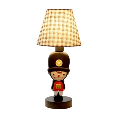 Resin Royal Soldier Table Lamp Kids 1 Head Brown Nightstand Light with Cone Tartan Fabric Shade