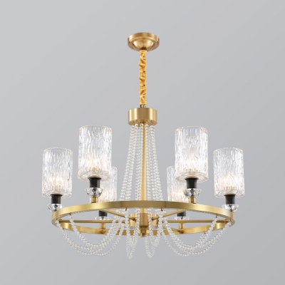 Ripple Glass Gold Ceiling Chandelier Cylindrical 6 Bulbs Luxury Hanging Lamp with Crystal Strand