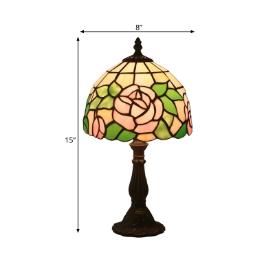 Rose Hand Cut Glass Night Table Lighting Tiffany 1-Bulb Pink/Purple and Red Desk Lamp with Dome Shade