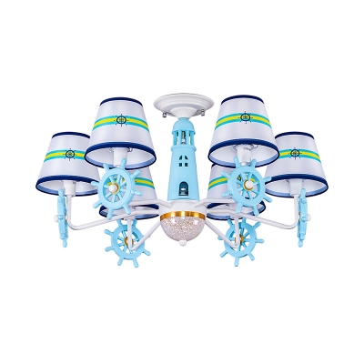 Rudder Semi Flush Light Mediterranean Style Metal 6 Heads Blue Close to Ceiling Lamp with Barrel Fabric Shade
