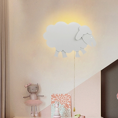 Sheep/Star/Rabbit Pull-Chain Wall Lamp Cartoon Iron 1-Head Kids Bedroom Flush Wall Sconce in Yellow/White/Grey