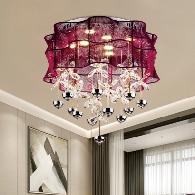 Sheer Fabric Flower Ceiling Flush Modernist LED Pink Flushmount Light with Crystal Accent