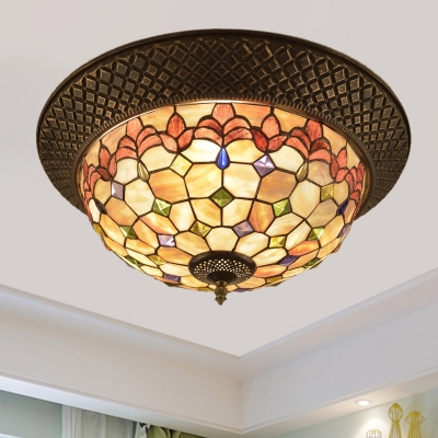 Shell Bronze Flush Mount Fixture Peony/Jewel/Flower LED Tiffany Style Ceiling Light with Crisscrossed Edge