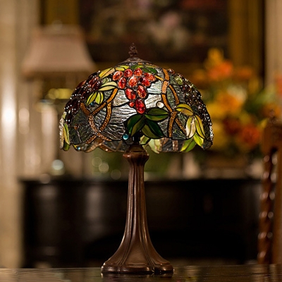 Stained Glass Fruit Patterned Night Lamp Victorian 1 Light Coffee Finish Table Lighting with Bowl Shade