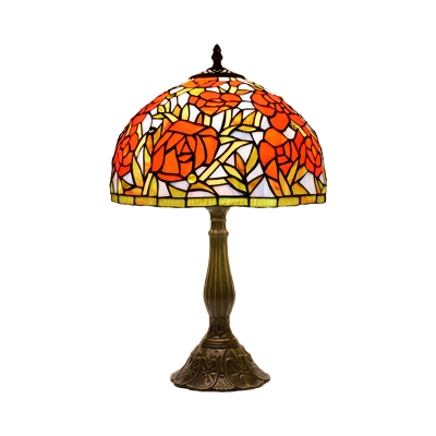 Stained Glass Pink/Orange Table Lighting Bowl Shape 1-Head Baroque Desk Light with Rose Pattern