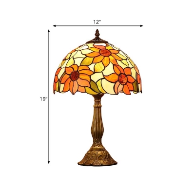 Sunflower Patterned Night Lamp Victorian Hand Cut Glass 1-Light Dark Brown Table Lighting with Bowl Shade