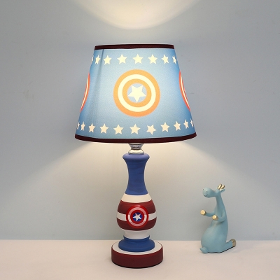 Tapered Shade Child Bedside Night Lamp Star/Car Print Fabric Single Cartoon Table Light in Blue/Yellow
