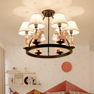 Unicorn Carousel Child Room Pendant Light Resin 6 Bulbs Kids Style Chandelier with Blue-Yellow/White Fabric Shade