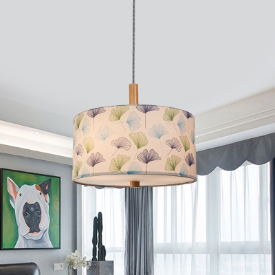 White 1-Light Hanging Pendant Light Pastoral Fabric Drum Shade Ceiling Hang Fixture with Ginkgo Leaf Pattern
