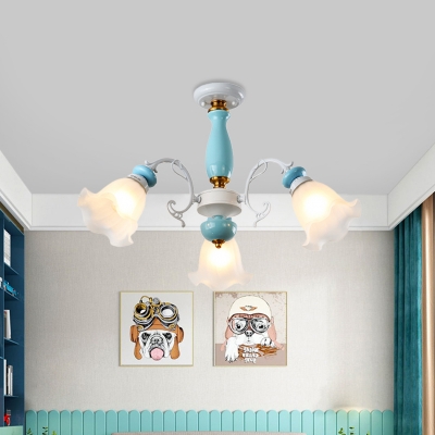 White Glass Bloom Ceiling Lamp Retro 3/5 Bulbs Dining Room Semi Flush Light with Ceramic Decor