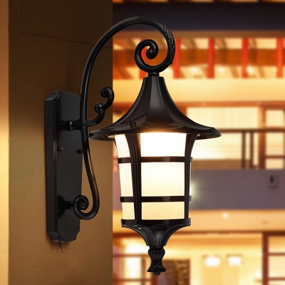 White Glass Lantern Wall Lamp Lodge 1 Light Courtyard Wall Sconce Light Fixture in Black/Coffee/Bronze