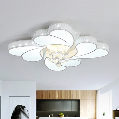 White Heart Shaped Spiral Flush Mount Modern Acrylic Living Room LED Ceiling Lamp with Mesh Side and Crystal Drop