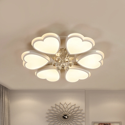White Loving Heart Ceiling Flush Romantic Modern Acrylic Living Room LED Flush Mounted Light with Crystal Ball Drop