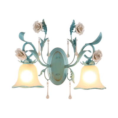 1/2-Bulb Curving Sconce Pastoral Blue Frosted Glass Wall Lamp with Rose Decoration and Draping