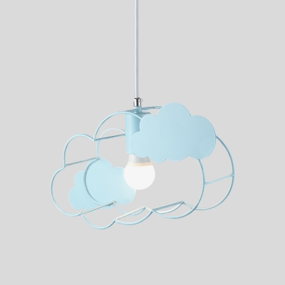 1 Bulb Bedroom Pendant Light Kids Blue Hanging Lamp Kit with Cloud Metal Cage and Round Canopy