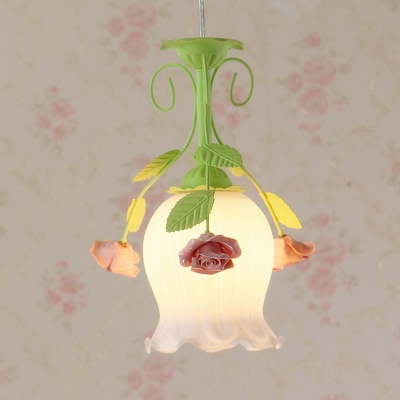 1-Bulb Ceiling Suspension Lamp Countryside Blossom Opal Glass Hanging Light Fixture with Pink Rose Deco