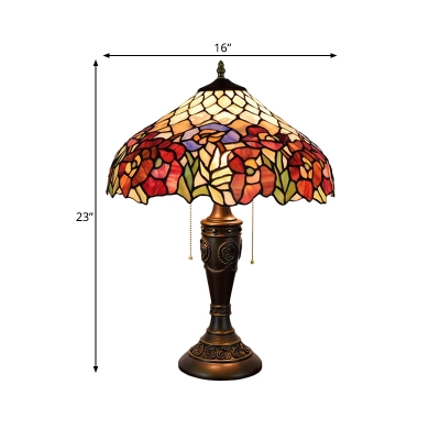 2-Bulb Night Light Tiffany Bouquet Patterned Hand Cut Glass Table Lamp in Bronze with Pull Chain