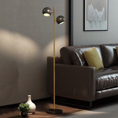 2-Head Living Room Stand Up Lamp Postmodern Black and Brass Floor Lighting with Adjustable Dome Metal Shade
